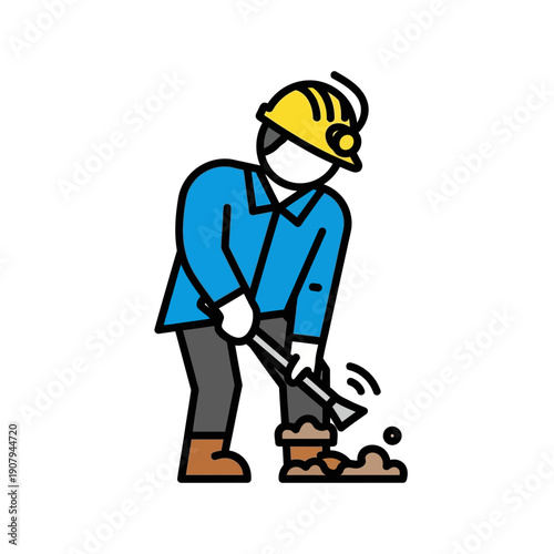 Resource extraction worker digging soil with hand pickaxe tool
