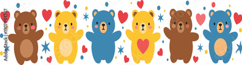 Cute colorful teddy bear pattern with hearts and stars adorable cartoon vector illustration background