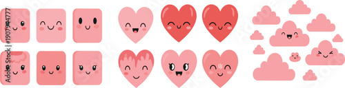 Cute kawaii heart and cloud character collection with smiling faces vector illustration set