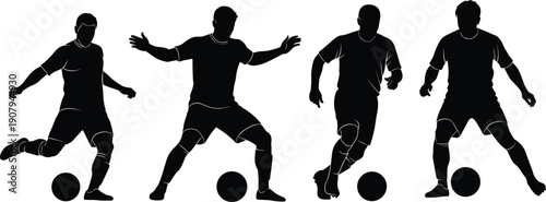 Soccer player action silhouettes with ball, football athlete dribbling and running poses, sports movement concept isolated on white