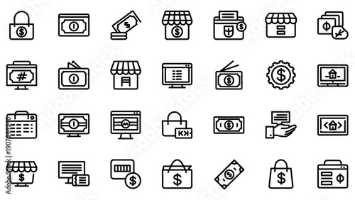 Collection of E-commerce and Finance Icons in Outline Style.