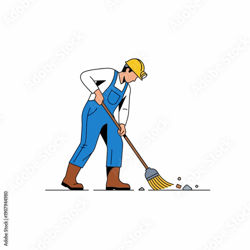 Sanitation worker cleaning debris with straw broom illustration