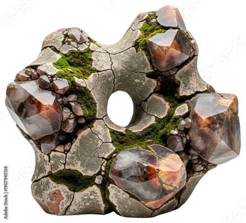 Weathered stone geometric rock with green moss and brown crystals on a transparent background
