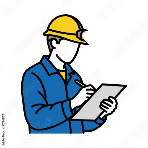 Site supervisor recording data on a clipboard with headlamp