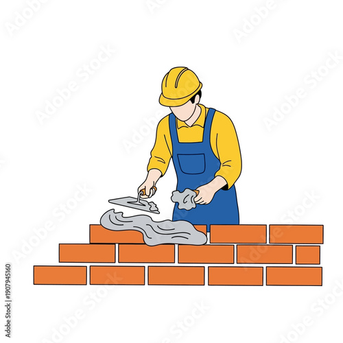 Skilled bricklayer applying mortar to build brick wall structure