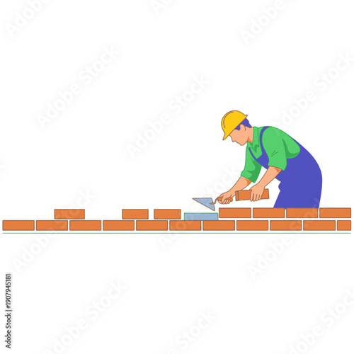 Skilled mason building brick wall using mortar and trowel