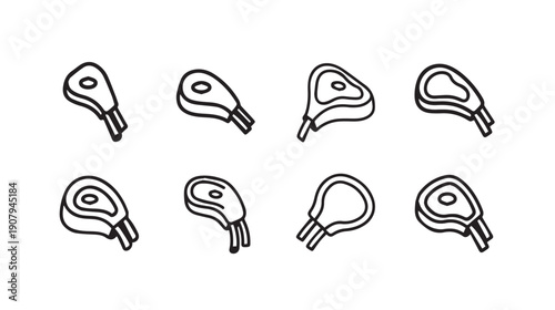 Various Raw Meat Cuts Line Art Icons Collection Isolated on White Background