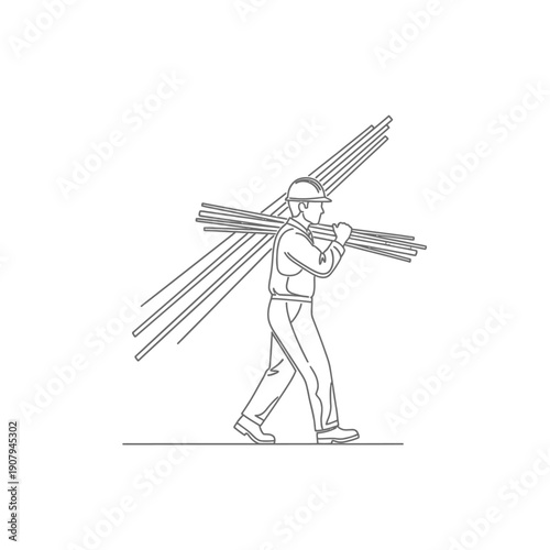 Steelworker carrying a bundle of metal rods on his shoulder