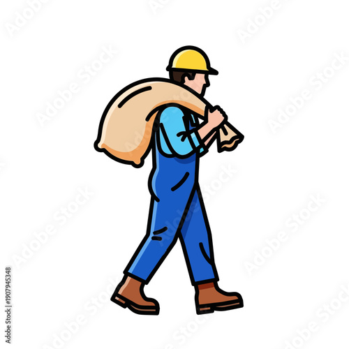 Strong laborer carrying heavy sack on shoulder