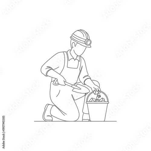 Subterranean worker collecting mineral samples into a utility bucket