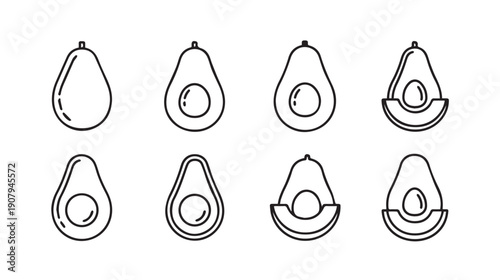 Avocado Icons Collection: Whole, Halved, Sliced with Pit - Line Art