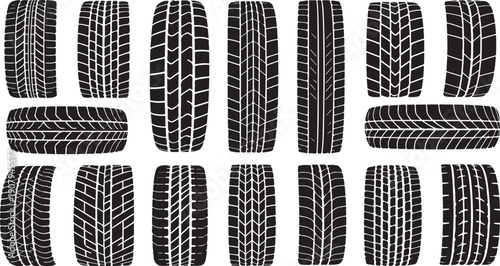 Various car tires with different tread patterns displayed