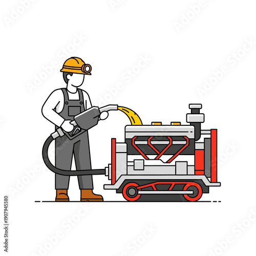 Technician refueling heavy machinery engine with fuel nozzle