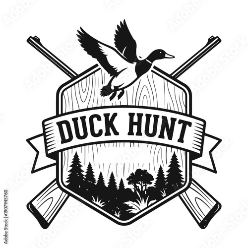 Duck Hunt emblem featuring flying mallard duck, pine forest, wooden texture, and crossed rifles, for hunting clubs