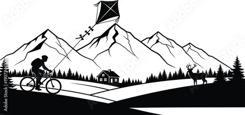 Man riding bicycle flying kite on road with mountains trees house and deer in background