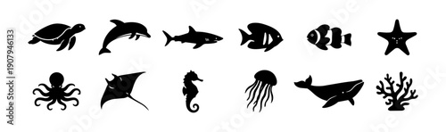 Marine Life and Ocean Creatures Icons Set – 12 Black Silhouette Underwater Animals