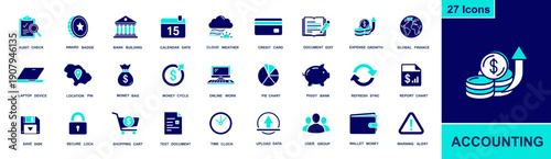 Accounting icon set. Containing audit, bank, credit card, money bag, piggy bank, pie chart, report, expense growth, wallet, lock, upload data, and more. Solid fill vector icons collection.