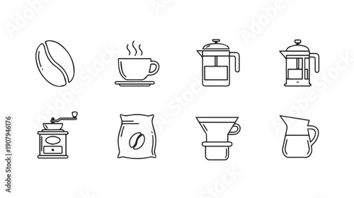 Coffee Making Icons: Bean, Cup, Grinder, French Press, Pour Over, Pitcher