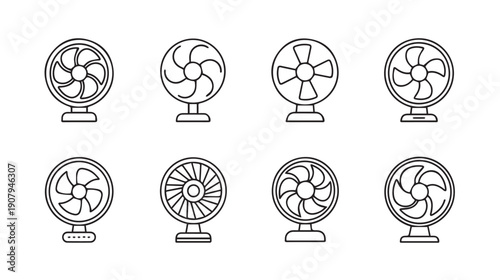 Collection of Fan Icons, Different Styles, Line Art, Isolated