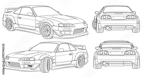 Outline drawing of a sports car from multiple angles.