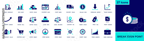 Break even point icon set. Containing profit margin, price tag, money stack, sales chart, invoice, target, breakeven analysis, cost, revenue, and more. Solid fill vector icons collection.