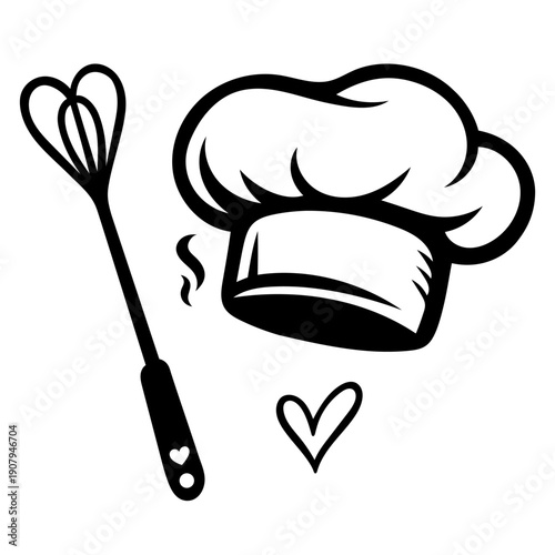 Kochmütze mit Herz-Schneebesen - Line Art Vektor Illustration