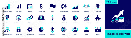 Business growth icon set. Containing analytics, bar chart, calendar, dollar sign, network, handshake, idea bulb, strategy, target, team, profit and more. Solid fill vector icon collection