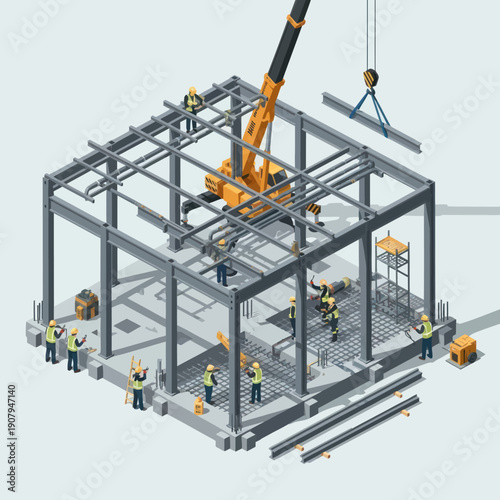 Construction Site with Crane and Workers.