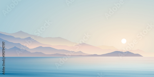 Minimalistic seascape, stylized sea sunset, setting sun, vector illustration