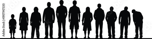 Silhouettes of diverse group of people standing in line on white background  various poses