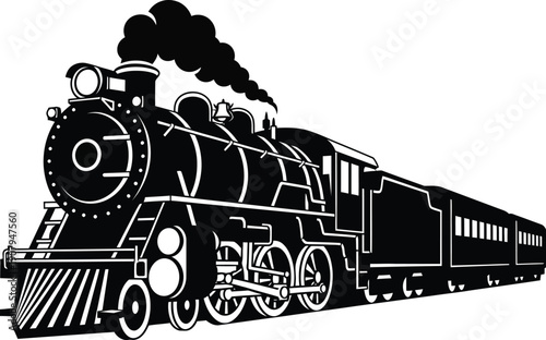 Vintage steam train engine with passenger cars on railroad tracks  old locomotive