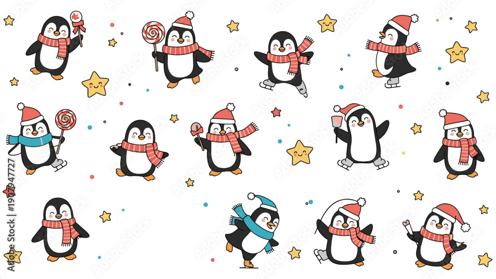 Fototapeta premium Adorable seamless pattern of cartoon penguins wearing winter hats and scarves, skating and holding candies on a white background.