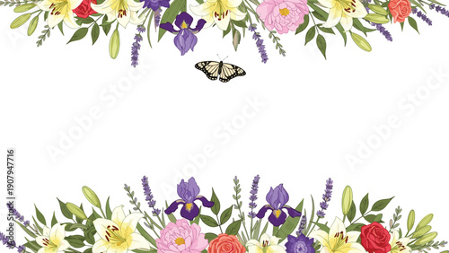 Delicate floral border made of lilies, roses, and lavender with a single butterfly flying in the center on a white background.