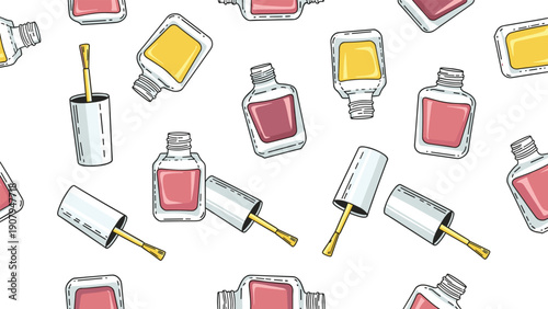 Playful seamless pattern featuring various nail polish bottles and applicator brushes in pink and yellow on a white background.