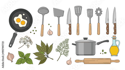 Diverse collection of kitchen tools including pans, knives, and spatulas alongside ingredients like eggs, oil, and herbs on a white background.