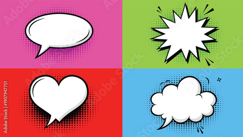 Set of four different empty comic speech bubbles in various shapes on vibrant pink, green, red, and blue halftone backgrounds.