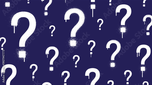 Creative seamless pattern featuring various sized white dripping graffiti style question marks over a dark blue background.