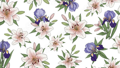 Beautiful seamless pattern featuring bouquets of pink lilies and purple iris flowers on a clean white background for floral textiles.