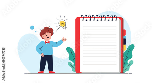 A smart young boy has a great idea symbolized by a lightbulb as he stands next to a large blank notebook for notes.