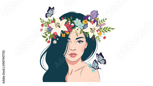 Enchanting portrait of a young woman with long dark hair wearing a crown of colorful flowers with blue butterflies nearby.