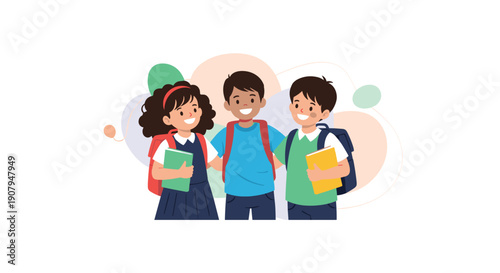 Three happy diverse elementary school friends with backpacks and books stand together with their arms around each other.