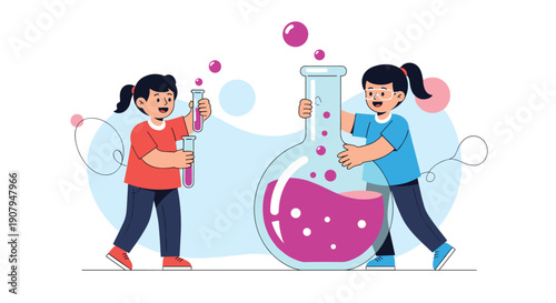 Two curious girls in a science class work together on a chemistry experiment holding test tubes and a large bubbling flask.