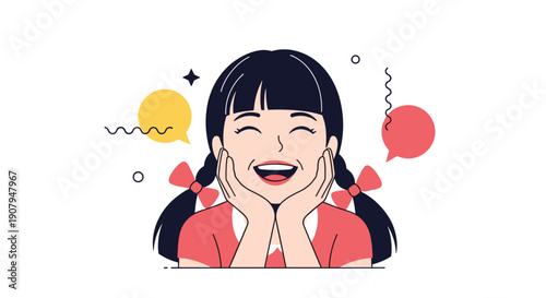 A very happy young girl with pigtails laughs joyfully with her hands on her cheeks against a fun abstract background.