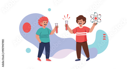 Two young boys are doing a science experiment together holding test tubes and an atom model representing a school project.