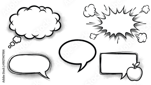Set of hand drawn blank speech and thought bubbles with halftone shadows and a small apple icon for creative comic style designs.