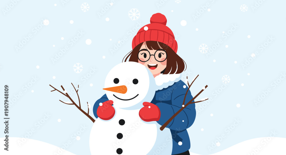 Fototapeta premium A happy young girl wearing a winter coat and hat is hugging a friendly snowman while it snows in the winter season.