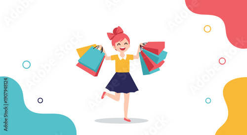 An excited young woman with pink hair is happily holding many colorful shopping bags after a successful shopping spree.