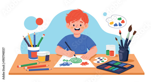 A creative young boy is happily sitting at a desk drawing and painting with various art supplies like pencils and paints.