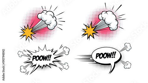 Set of four different comic book style pow action explosion clouds with halftone effects and dynamic speed lines for superhero themed designs.