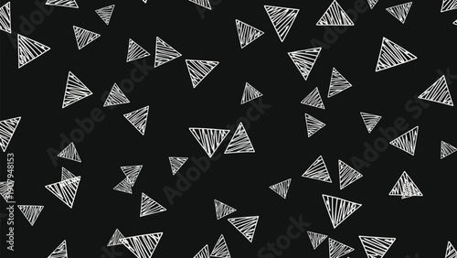 Abstract seamless pattern of white hand drawn sketchy triangles of various sizes scattered across a dark black background for a modern look.